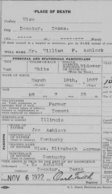 1922 Ashlock, William F. Death Certificate