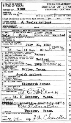 1936 Ashlock, J Wesley death certificate