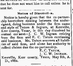 May 11, 1882 Desolution of Tatum and Ingram Partnership