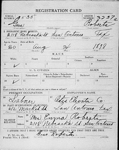 1918 Gus Roberts WWI Draft Reg. side 1 only