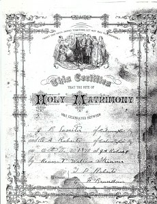 Photo copy of marriage license of J.B. Lassiter and Cornelia Roberts 1870