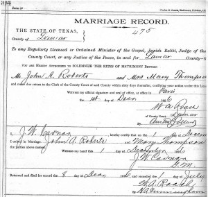 John A. Roberts and Mrs. Mary Thompson marriage record